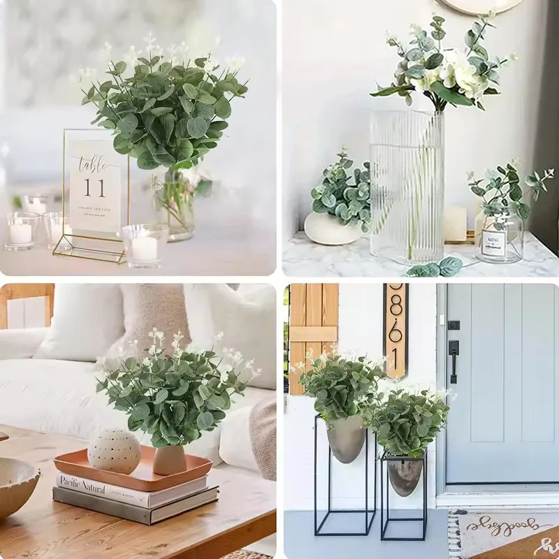 10pcs Eucalyptus Leaf Stems Green Artificial Plants Living Room Decor Bride Wedding Vases Flowers Bouquet Decor Artificial Plant thumbnail 4