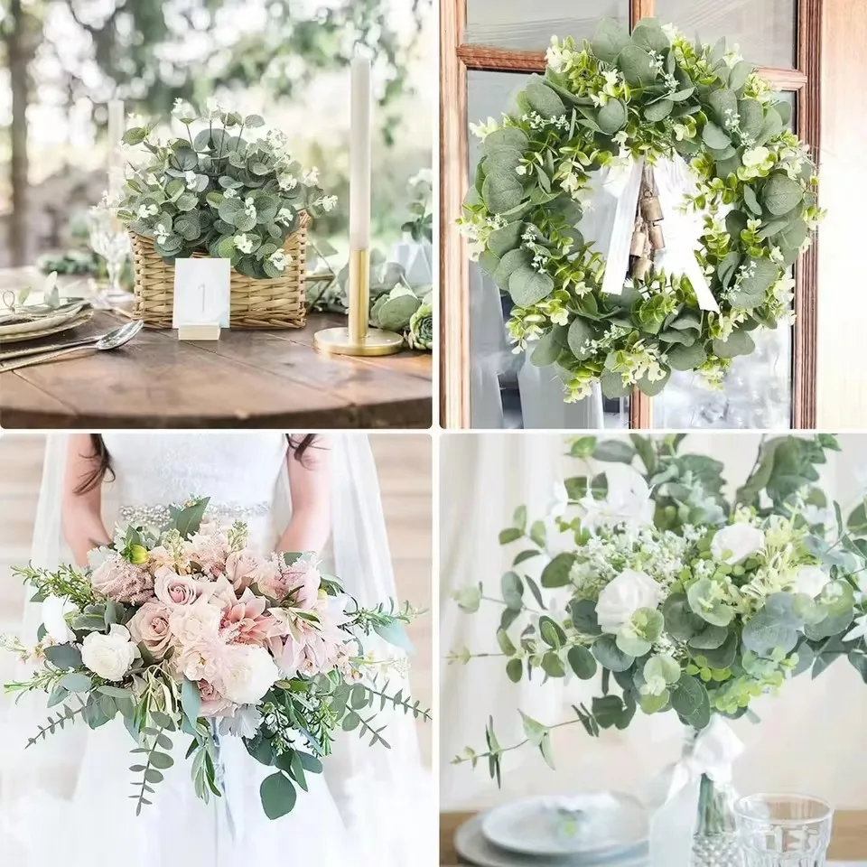 10pcs Eucalyptus Leaf Stems Green Artificial Plants Living Room Decor Bride Wedding Vases Flowers Bouquet Decor Artificial Plant thumbnail 6