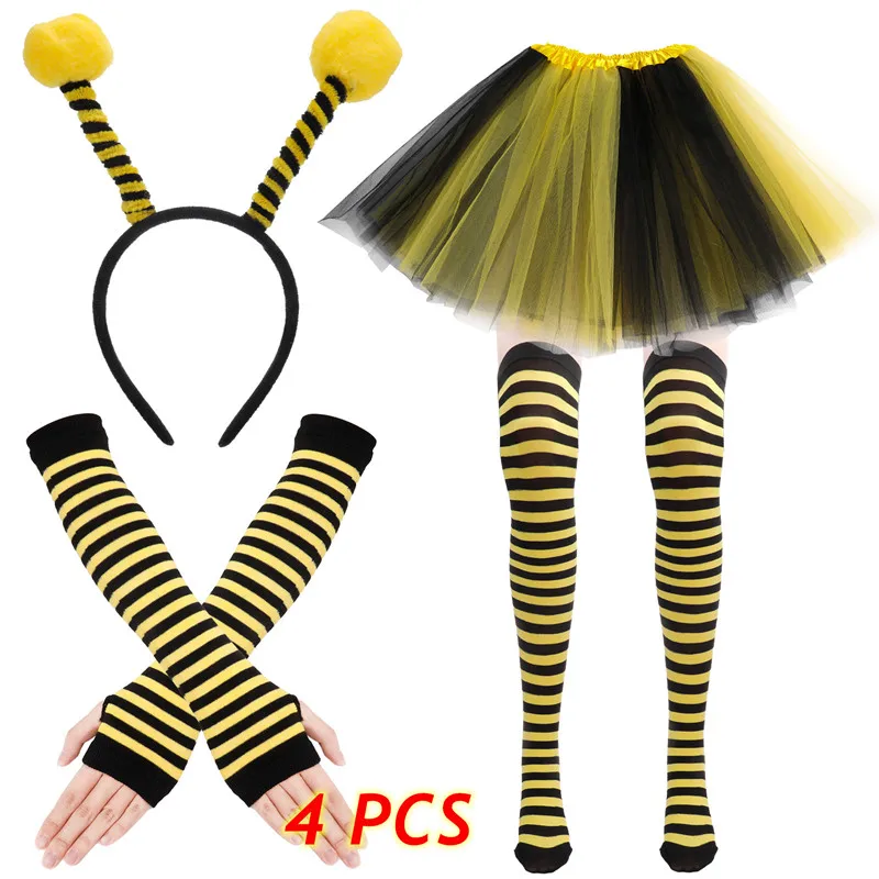 Women Kids Yellow Honey Bee Costume Set Antenna Headband Tutu Skirt Striped Knee Stocking Gloves For Cosplay Dance Stage 4pcs thumbnail 5