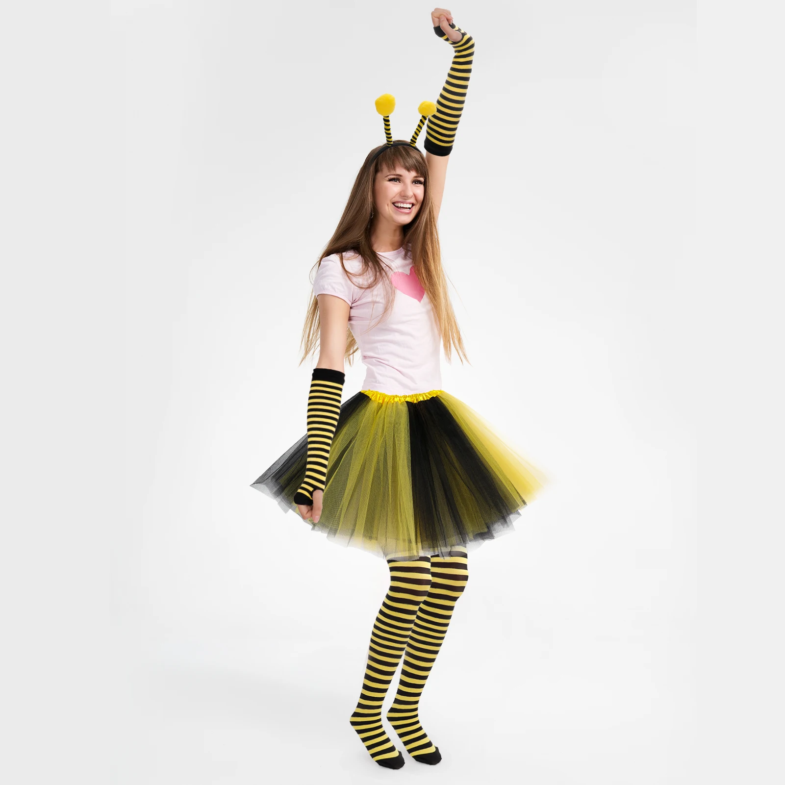 Women Kids Yellow Honey Bee Costume Set Antenna Headband Tutu Skirt Striped Knee Stocking Gloves For Cosplay Dance Stage 4pcs thumbnail 4