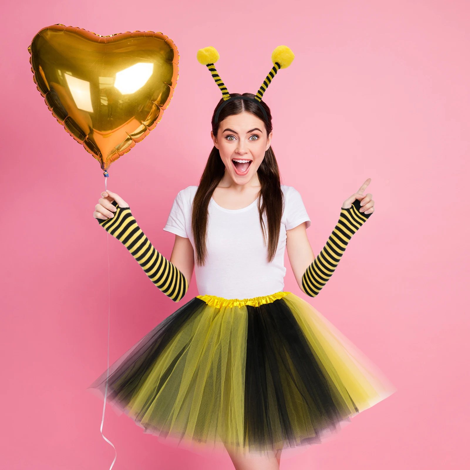 Women Kids Yellow Honey Bee Costume Set Antenna Headband Tutu Skirt Striped Knee Stocking Gloves For Cosplay Dance Stage 4pcs thumbnail 3