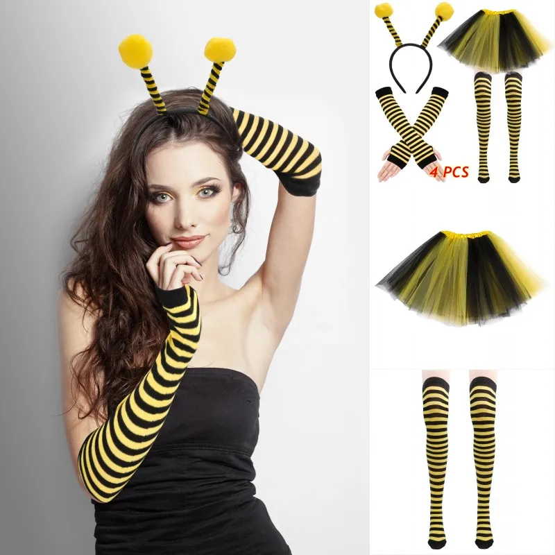 Women Kids Yellow Honey Bee Costume Set Antenna Headband Tutu Skirt Striped Knee Stocking Gloves For Cosplay Dance Stage 4pcs thumbnail 2