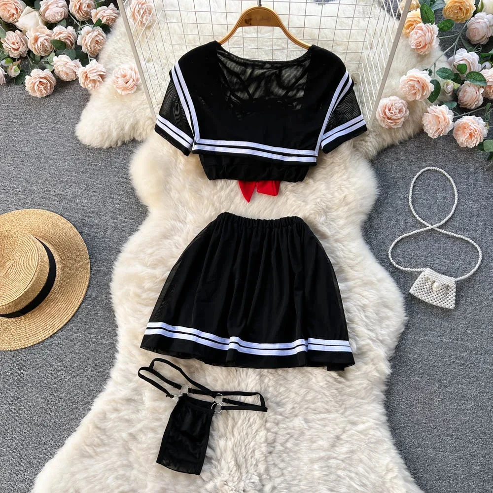 New Sailor Japanese Style Sweet Erotict Suits Female Short Sleeve Bow TieTops+Pleated Mini Skirt Lingerie  Women Sheer Sexy Sets thumbnail 2