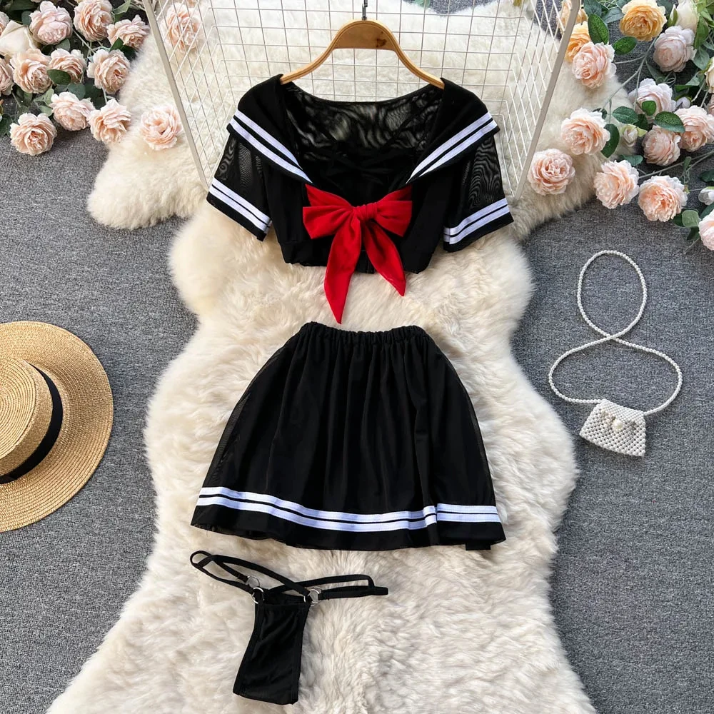 New Sailor Japanese Style Sweet Erotict Suits Female Short Sleeve Bow TieTops+Pleated Mini Skirt Lingerie  Women Sheer Sexy Sets