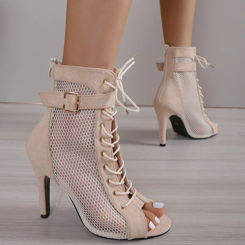 Sandals Hollowed Mesh Heels Belt buckle Women's Summer Beige Lace-up Sexy Open Toe Boots Stiletto Jazz Dance Party Ladies Shoes thumbnail 3