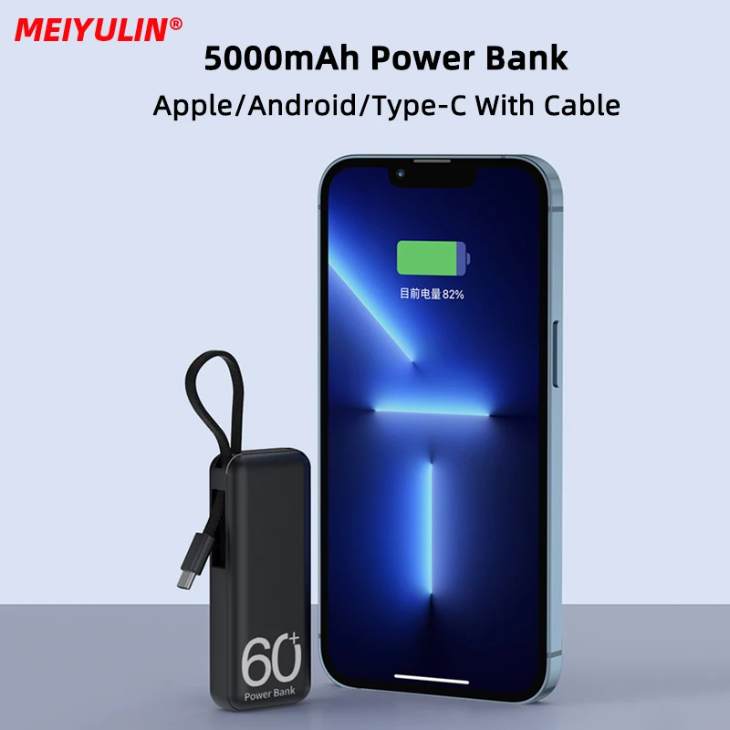 5000mAh Mini Power Bank For iPhone 15 Xiaomi Samsung Portable Fast Charging External Spare Battery Charger Built-in Type C Cable thumbnail 2