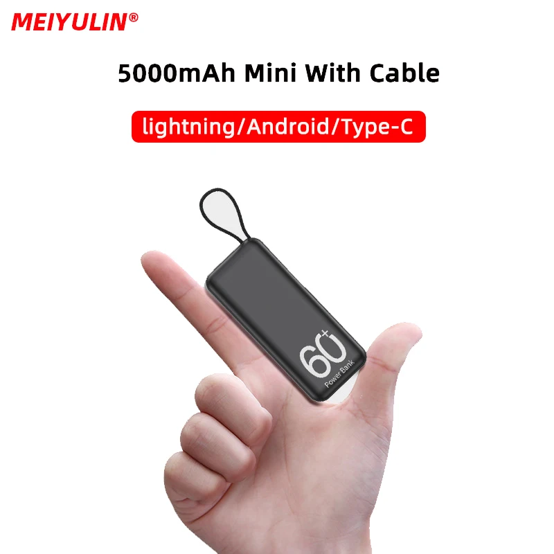5000mAh Mini Power Bank For iPhone 15 Xiaomi Samsung Portable Fast Charging External Spare Battery Charger Built-in Type C Cable thumbnail 5