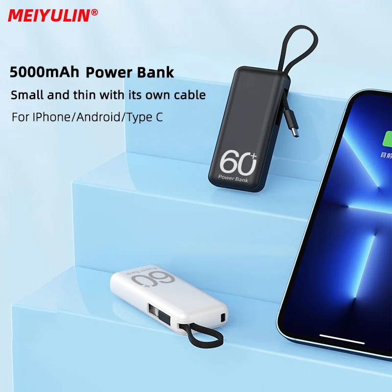 5000mAh Mini Power Bank For iPhone 15 Xiaomi Samsung Portable Fast Charging External Spare Battery Charger Built-in Type C Cable thumbnail 6