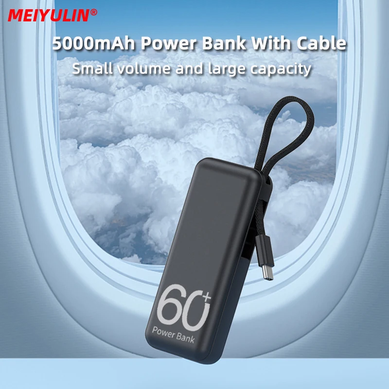 5000mAh Mini Power Bank For iPhone 15 Xiaomi Samsung Portable Fast Charging External Spare Battery Charger Built-in Type C Cable thumbnail 4