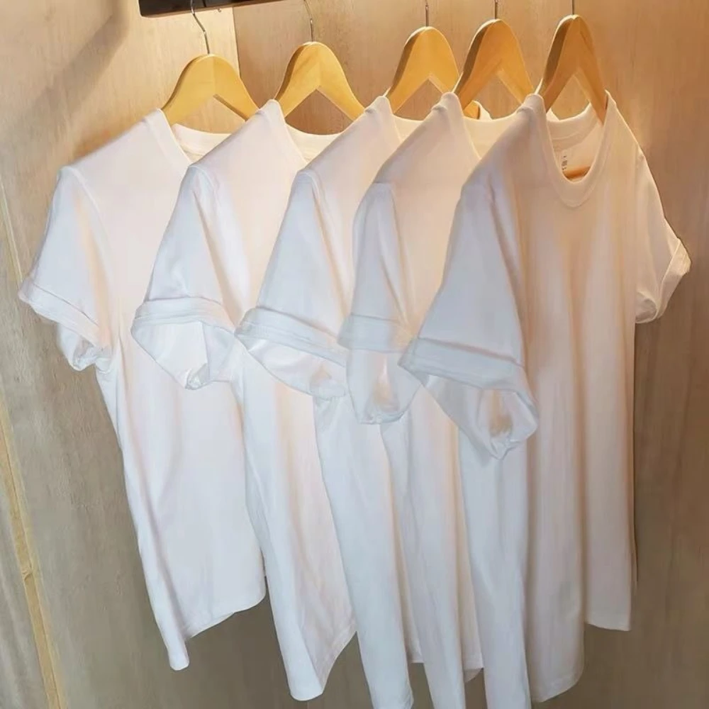2PCS 100% Cotton Solid T Shirts Men's and Women's Short Sleeve White Tees Casual Breathable Loose Round Neck T-shirt Couple Tops thumbnail 5
