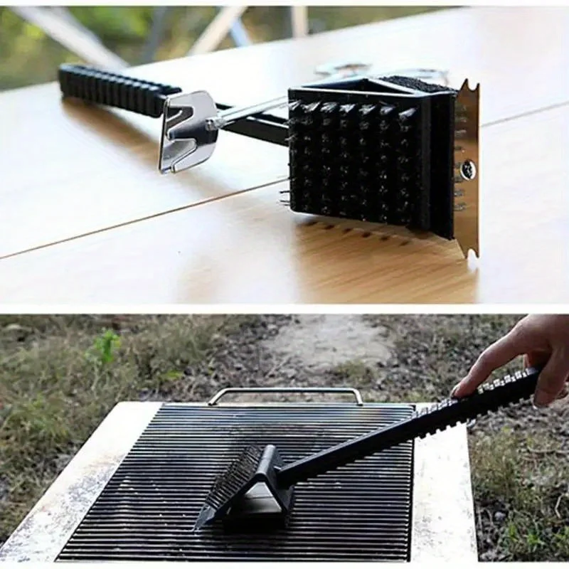1pc 3 In 1 Corner Copper Wire Brush Barbecue Grill Oven Cleaning Bbq Brush Copper Wire Sponge Shovel Long Handle thumbnail 2