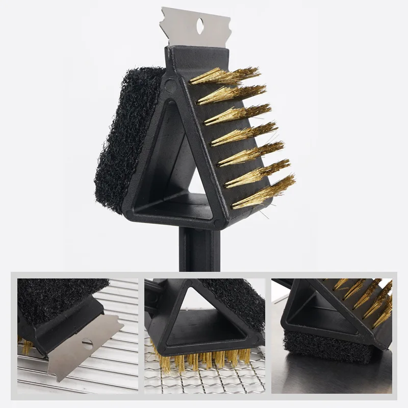 1pc 3 In 1 Corner Copper Wire Brush Barbecue Grill Oven Cleaning Bbq Brush Copper Wire Sponge Shovel Long Handle thumbnail 5