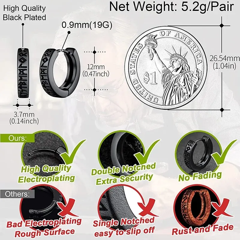 Stainless Steel Norwegian Viking Rune Hoop Earrings For Men Woman Unisex 12 Mm Huggie Hoop Religious Earring Jewelry thumbnail 3