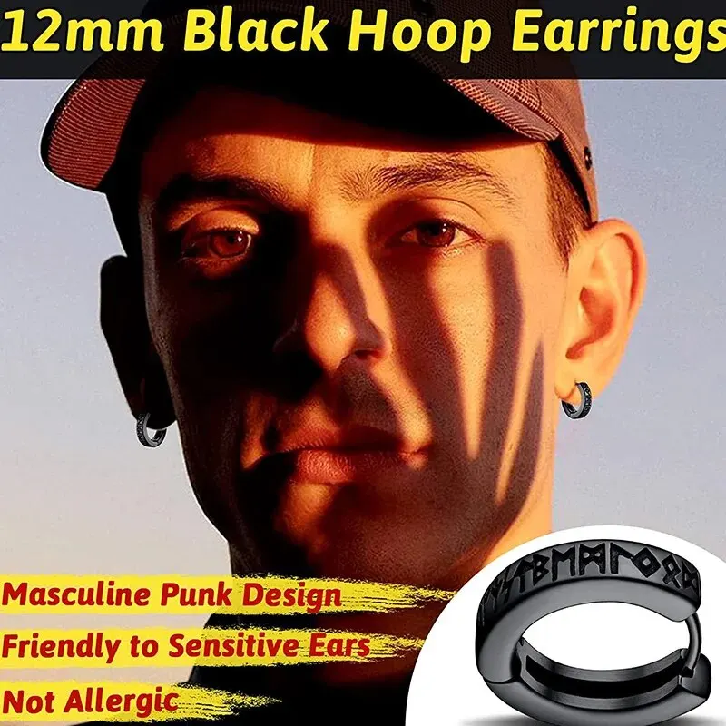 Stainless Steel Norwegian Viking Rune Hoop Earrings For Men Woman Unisex 12 Mm Huggie Hoop Religious Earring Jewelry thumbnail 5
