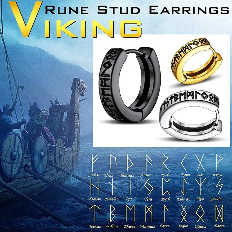 Stainless Steel Norwegian Viking Rune Hoop Earrings For Men Woman Unisex 12 Mm Huggie Hoop Religious Earring Jewelry thumbnail 4