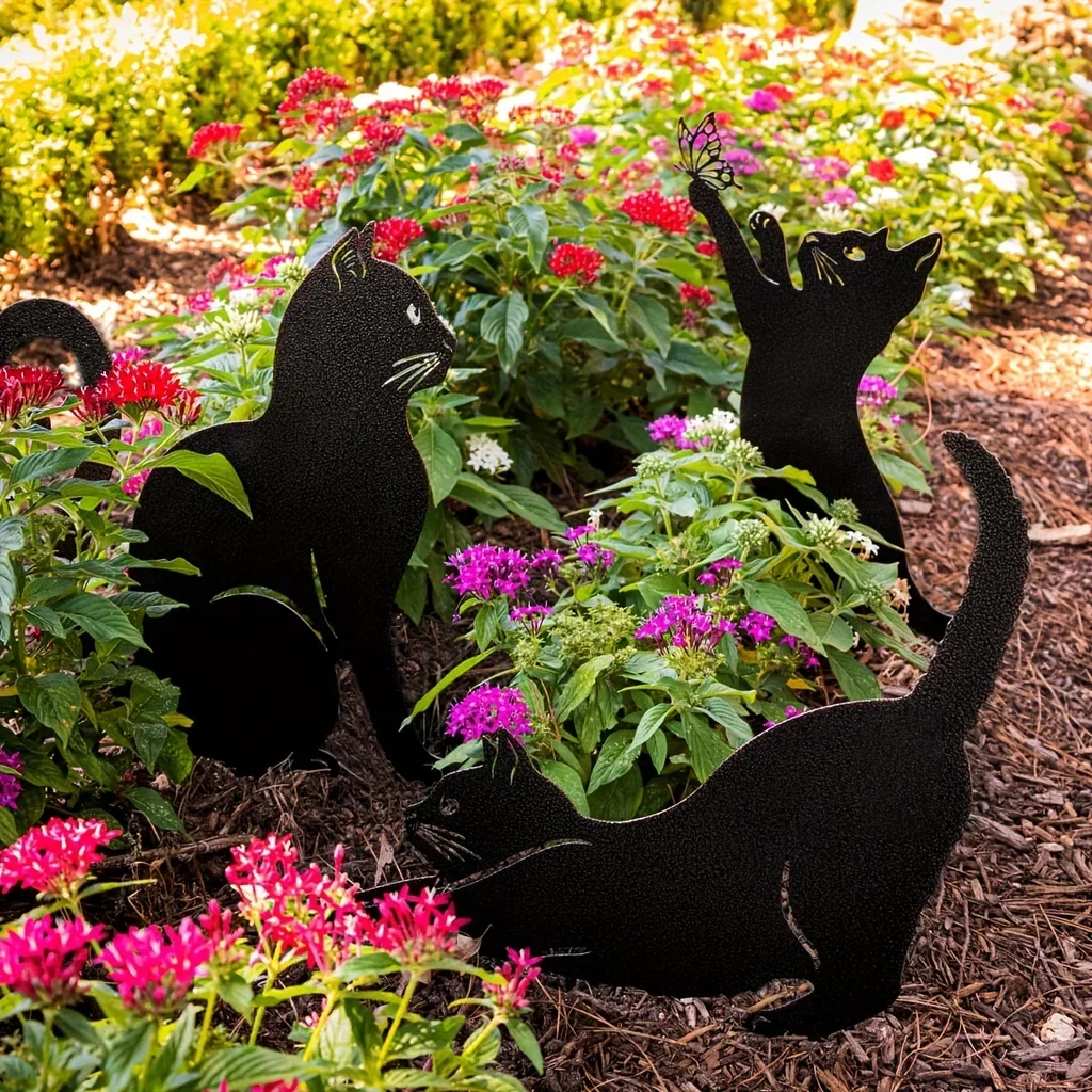 Cat Family Garden Stakes Decorative Cute Cat Garden Decorative Silhouette Animal Outdoor Statues For Cat Yard Garden Lawn thumbnail 3