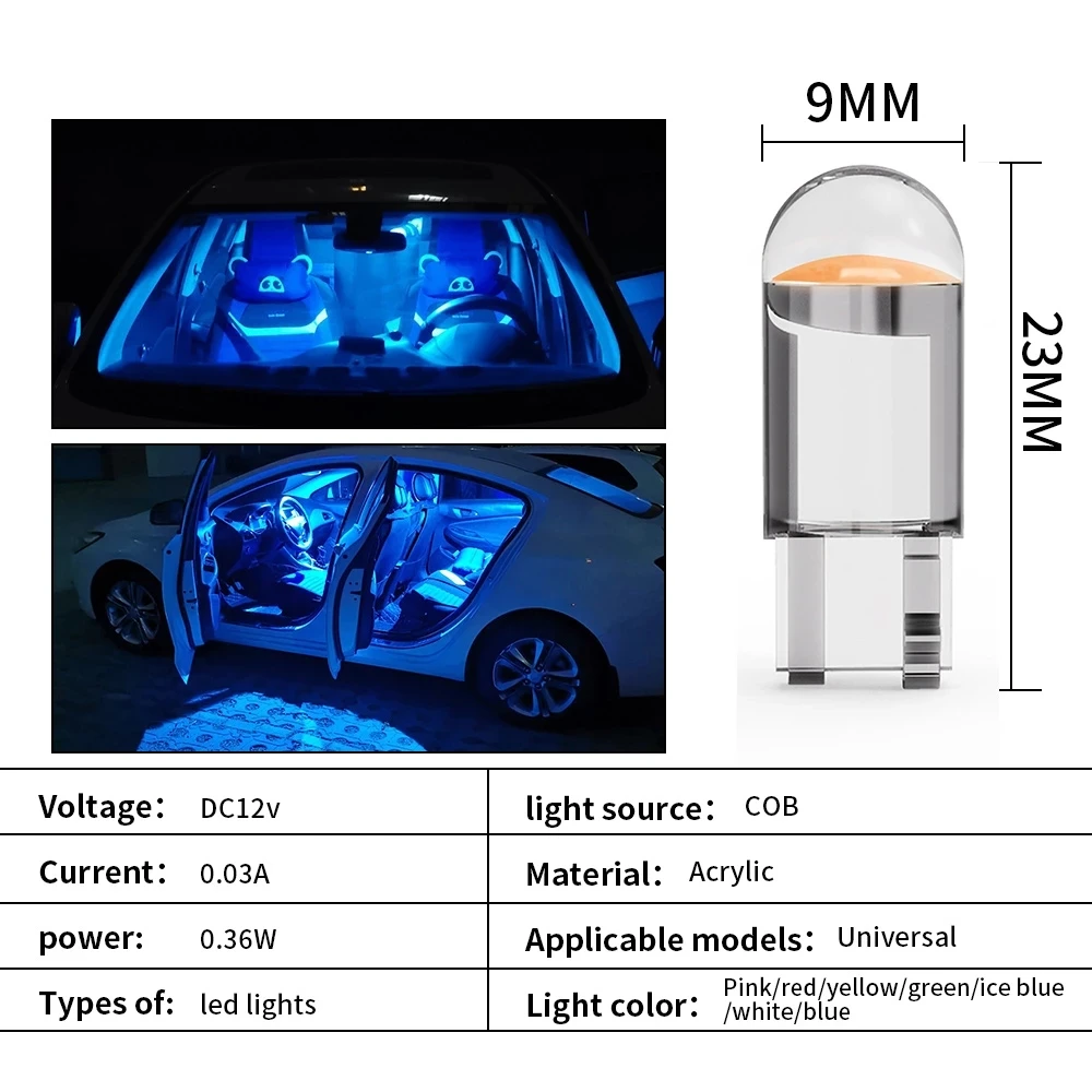 10X New W5W LED T10 Car Lights COB Glass Interior Parts Bulbs White ice blue Yellow Auto License Plate Lamp Dome Read Light 12V thumbnail 6