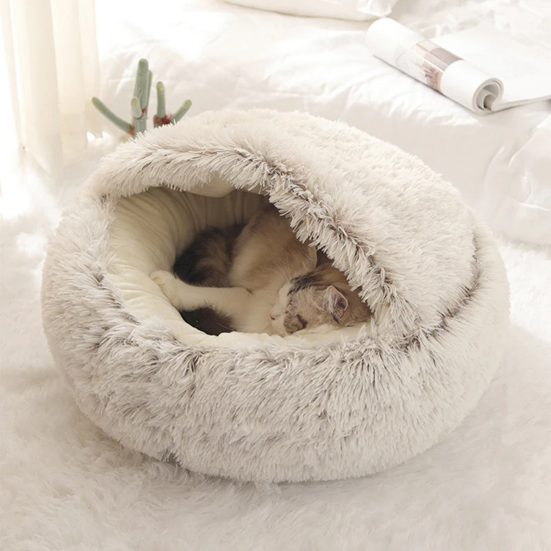 Soft Plush Pet Bed with Cover Round Cat Bed Pet Mattress Warm   Cat Dog  Sleeping Nest Cave for Small Dogs kitten thumbnail 2