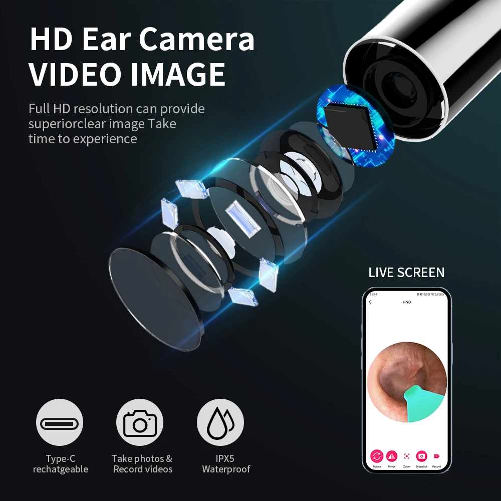 Ear Cleaner with camera Set Ear Sticks Otoscope USB C Charging Endoscope Wax Removal Tool Earpick MIni Camera Ear Cleaning Set thumbnail 4