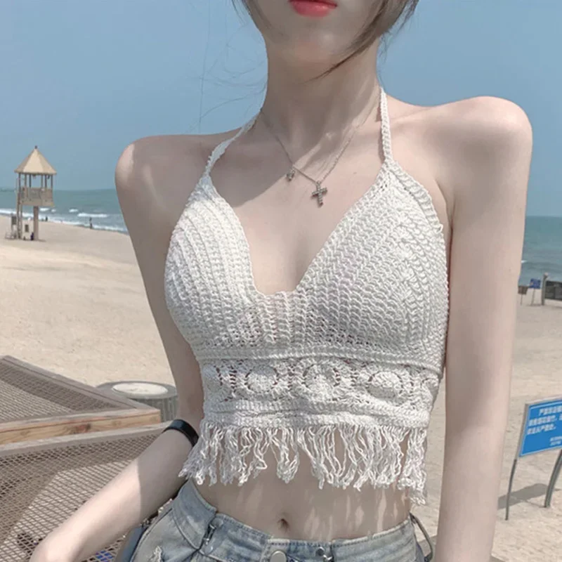 Sexy Boho Beach Holiday Camisole Halter Women Crochet Knit Swimsuit Bra Backless Vest Hollow Tassel Tank Top Women's Crop Tops thumbnail 3