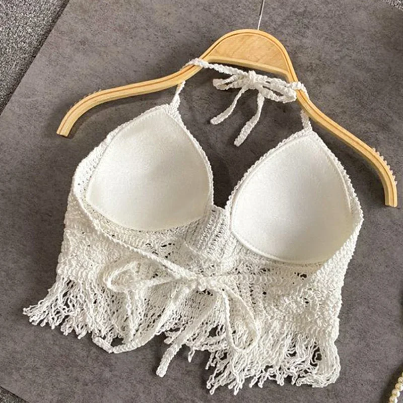 Sexy Boho Beach Holiday Camisole Halter Women Crochet Knit Swimsuit Bra Backless Vest Hollow Tassel Tank Top Women's Crop Tops thumbnail 4