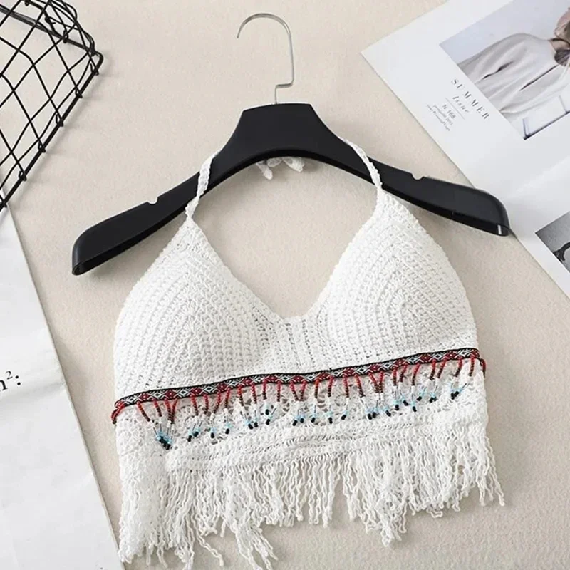 Sexy Boho Beach Holiday Camisole Halter Women Crochet Knit Swimsuit Bra Backless Vest Hollow Tassel Tank Top Women's Crop Tops thumbnail 6