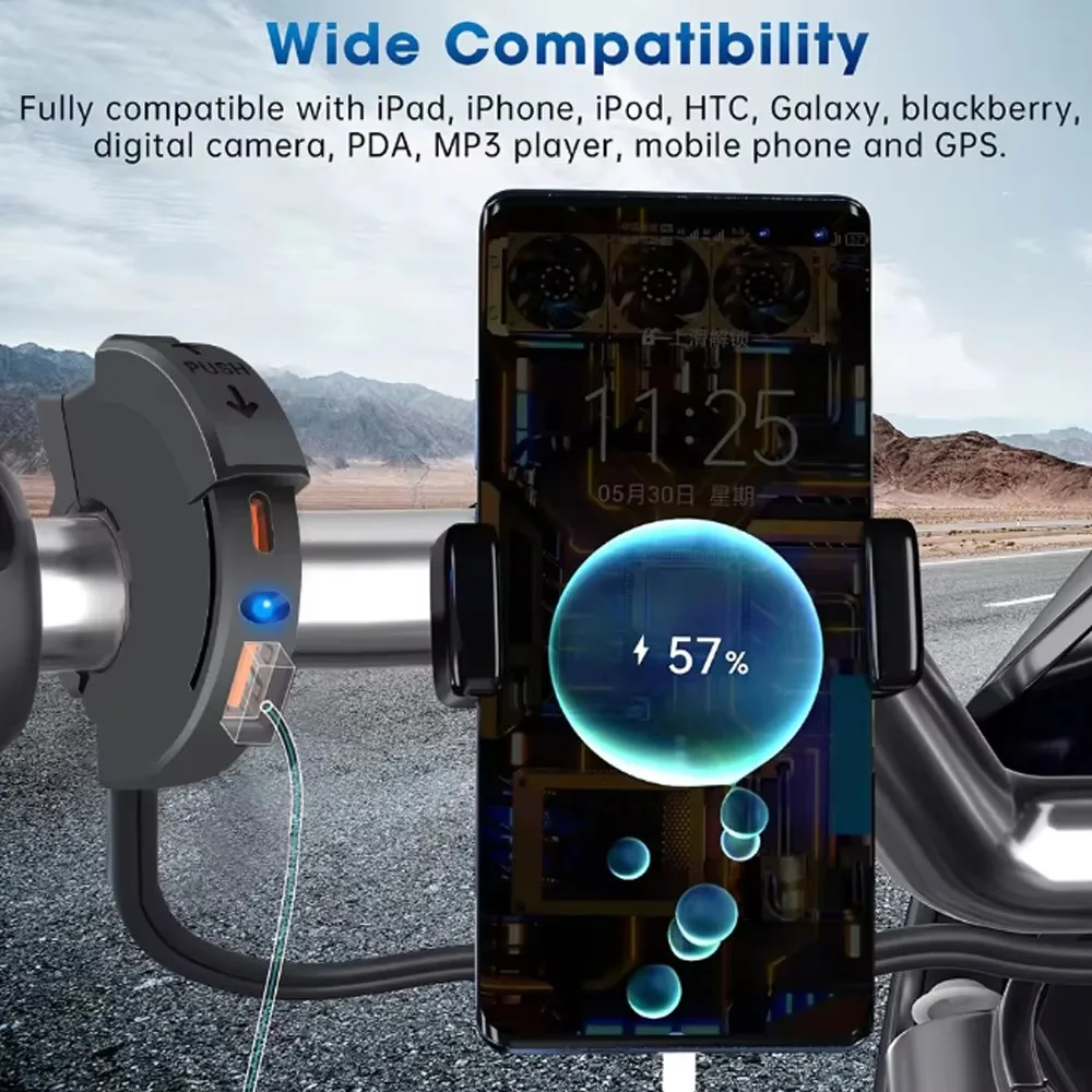 QC3.0 Motorcycle USB Fast Charger 30W Type C Port Socket Waterproof Handlebar Mounting Bracket Phone Charger For Bike Moto thumbnail 2