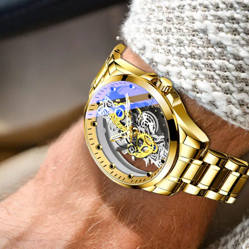 Hot Trendy Fashion Wholesale Men Golden Skeleton Automatic Quartz Wrist Watches Luxury thumbnail 3
