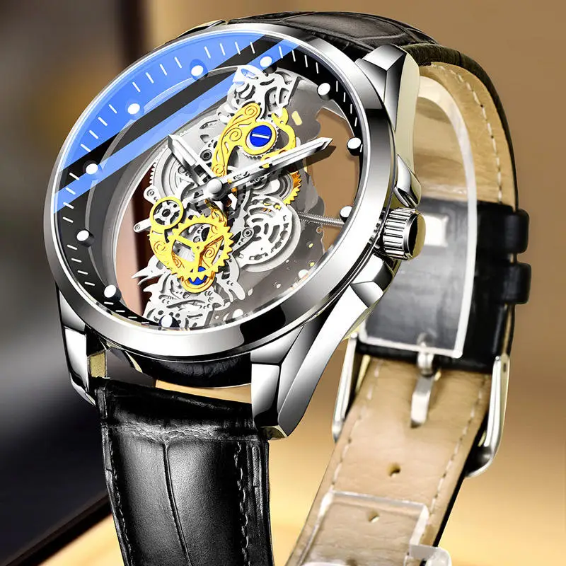 Hot Trendy Fashion Wholesale Men Golden Skeleton Automatic Quartz Wrist Watches Luxury thumbnail 2