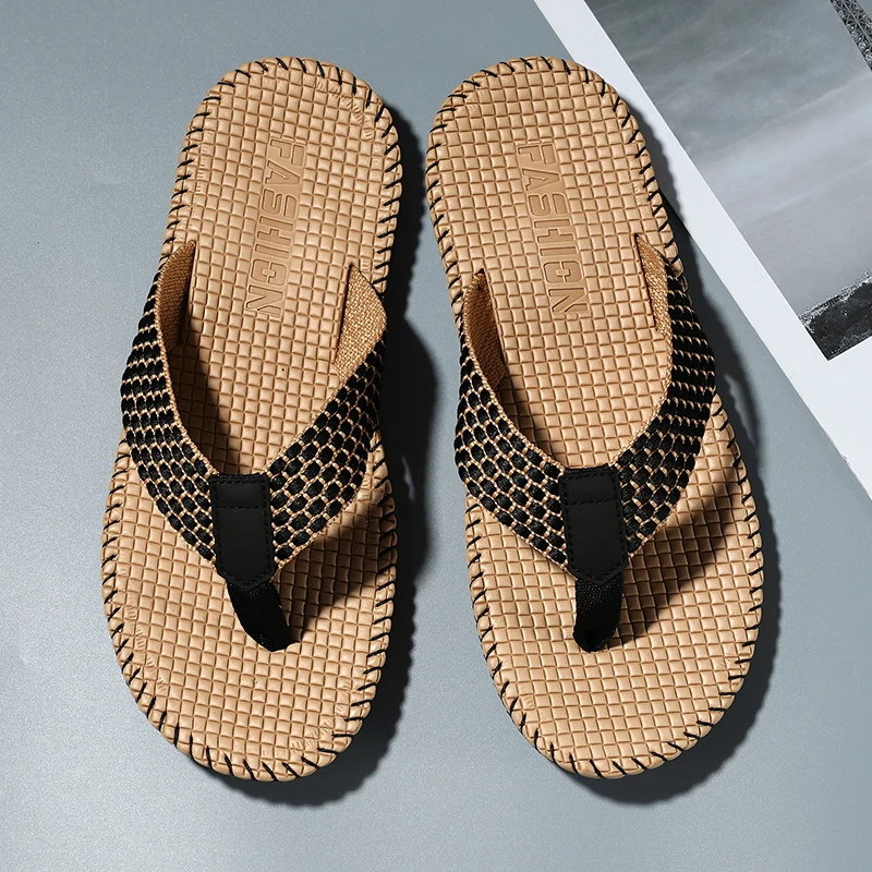 Men's flip flops summer new lightweight rubber woven slippers fashion casual outdoor sandals breathable anti slip beach shoes thumbnail 2