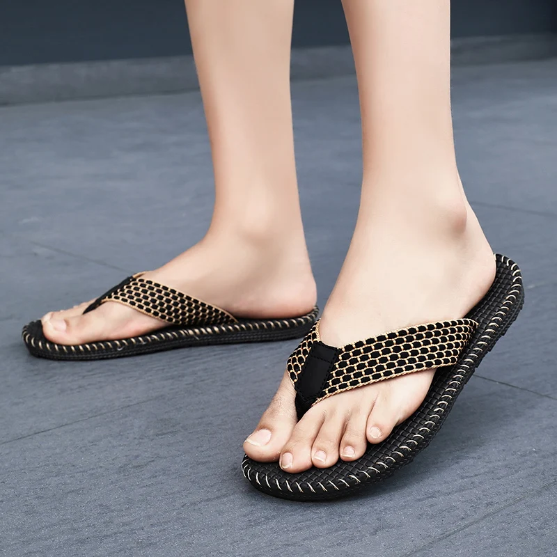 Men's flip flops summer new lightweight rubber woven slippers fashion casual outdoor sandals breathable anti slip beach shoes thumbnail 3