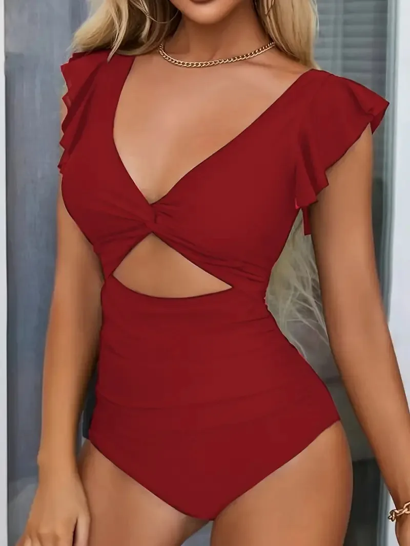 Contrast Mesh One Piece Swimsuit, V Neck Solid Color Backless Tummy Control High Cut Bathing Suit, Women's Swimwear & Clothing thumbnail 4
