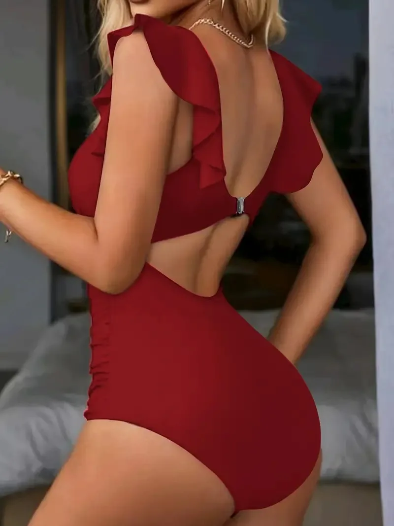 Contrast Mesh One Piece Swimsuit, V Neck Solid Color Backless Tummy Control High Cut Bathing Suit, Women's Swimwear & Clothing thumbnail 3
