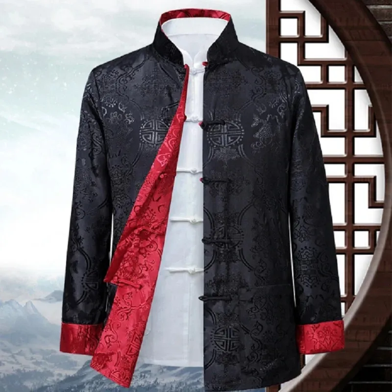 Hot Sale Men Chinese Style Satin Silk Tang Suit Jacket Double Faced Long Sleeve Kung Fu Coat Hanfu Clothing  Jackets Size S-3XL thumbnail 4