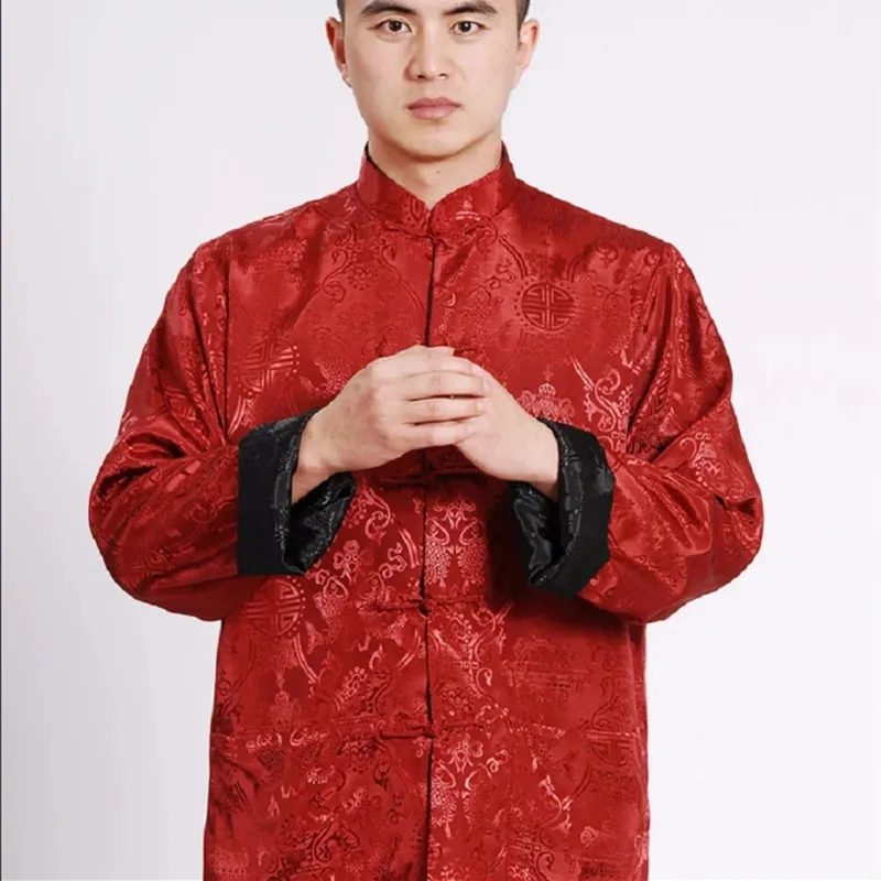 Hot Sale Men Chinese Style Satin Silk Tang Suit Jacket Double Faced Long Sleeve Kung Fu Coat Hanfu Clothing  Jackets Size S-3XL thumbnail 2