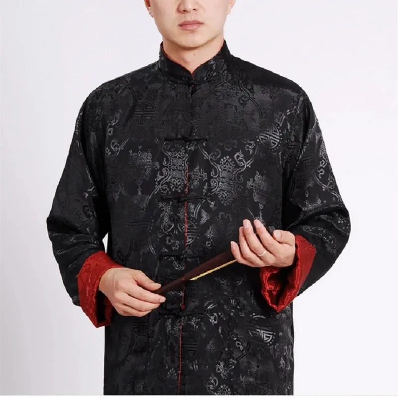 Hot Sale Men Chinese Style Satin Silk Tang Suit Jacket Double Faced Long Sleeve Kung Fu Coat Hanfu Clothing  Jackets Size S-3XL thumbnail 3