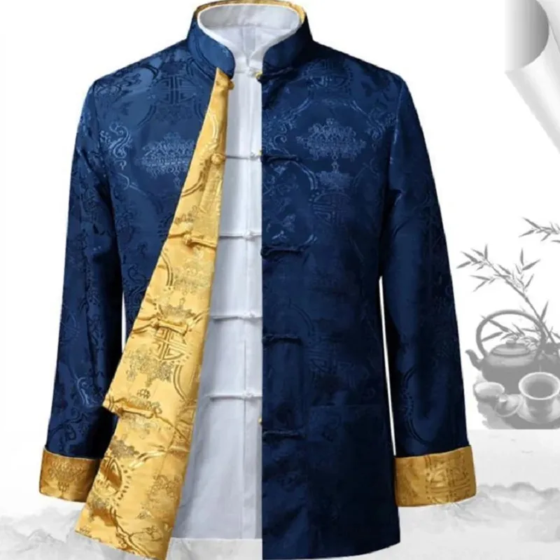 Hot Sale Men Chinese Style Satin Silk Tang Suit Jacket Double Faced Long Sleeve Kung Fu Coat Hanfu Clothing  Jackets Size S-3XL thumbnail 6