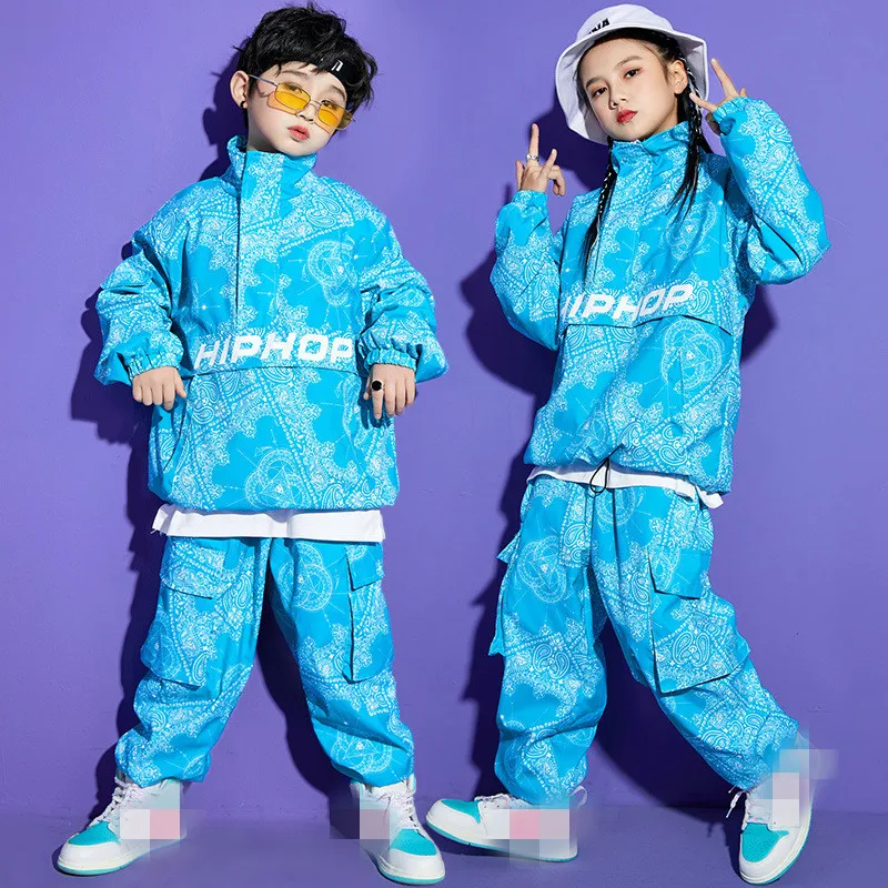 Boy Hip Hop Sweatshirt Joggers Clothes Sets Girls High Collar Paisley Top Cargo Pants Child Street Dance Kids Streetwear Costume thumbnail 3