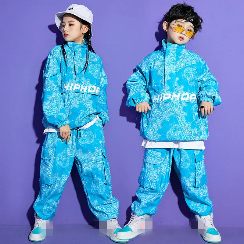 Boy Hip Hop Sweatshirt Joggers Clothes Sets Girls High Collar Paisley Top Cargo Pants Child Street Dance Kids Streetwear Costume thumbnail 2