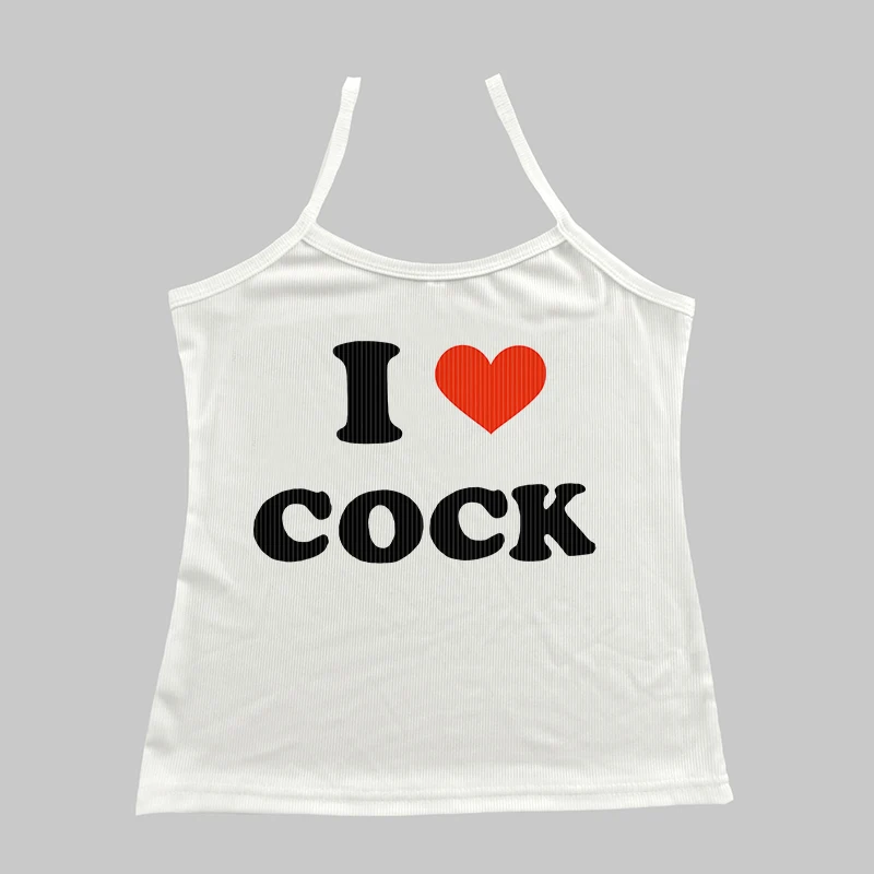 I Love Cock Letter Print Graphic Y2k Streetwear Sexy Slim White Crop Tops 2000s Style Tank Tops Sleeveless Summer Backless Camis thumbnail 3