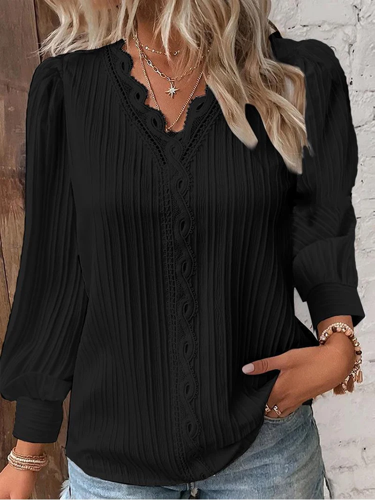 Women's Lace Stitching Shirt Loose Stitching V-neck Long Sleeve Pullover Chiffon Shirt Fall Top Simple Elegant Street Blouse thumbnail 3
