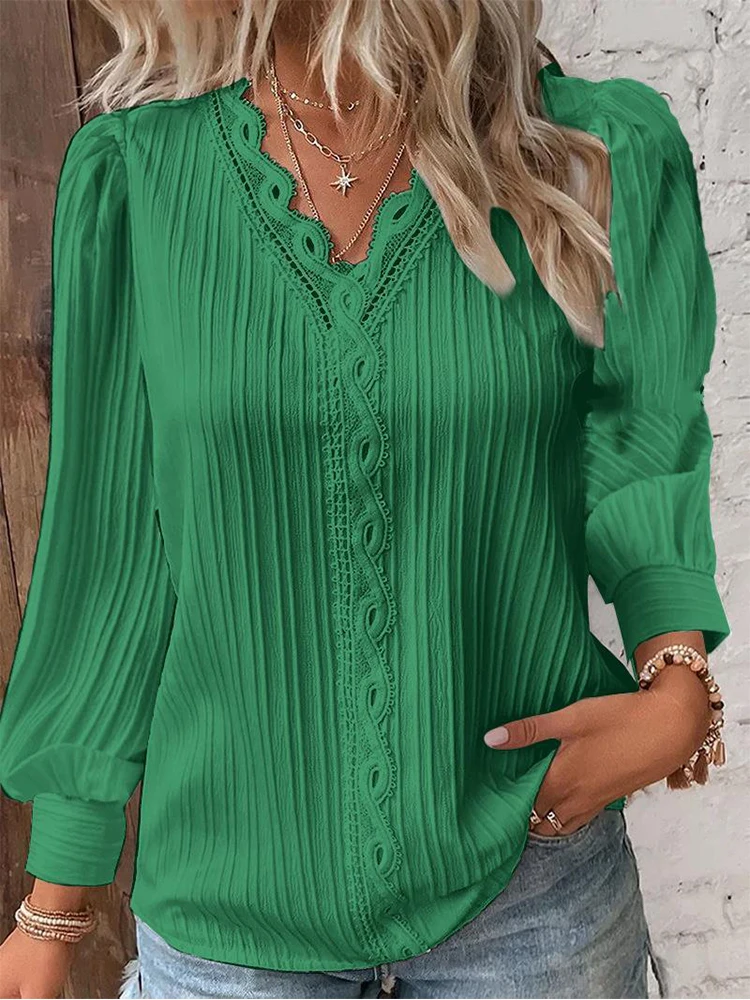 Women's Lace Stitching Shirt Loose Stitching V-neck Long Sleeve Pullover Chiffon Shirt Fall Top Simple Elegant Street Blouse thumbnail 2