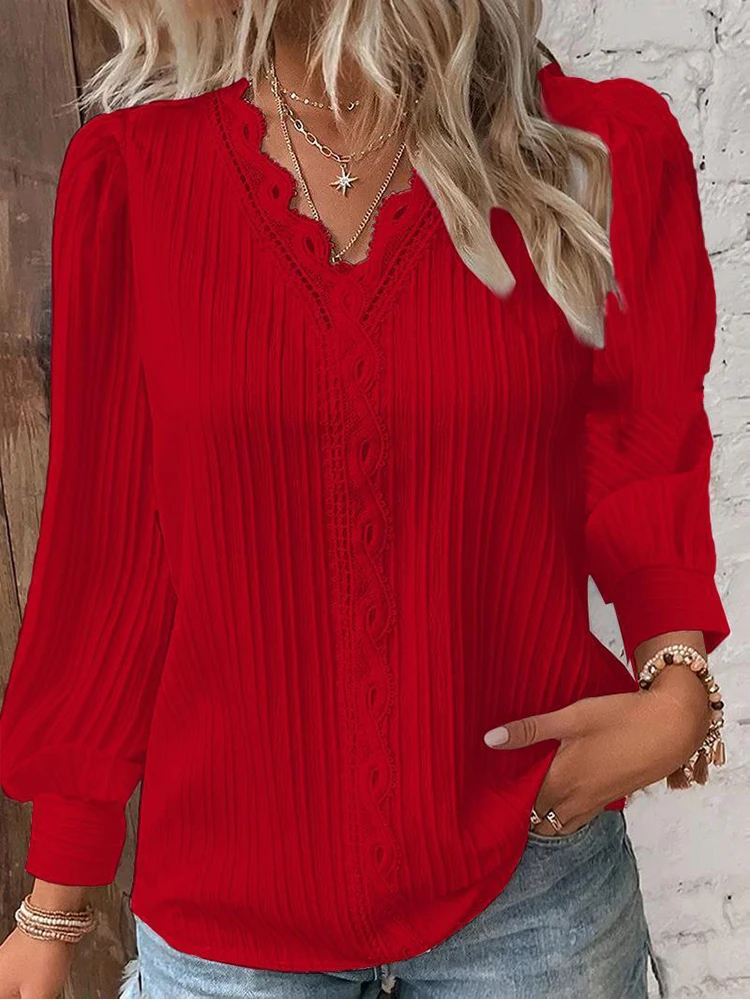 Women's Lace Stitching Shirt Loose Stitching V-neck Long Sleeve Pullover Chiffon Shirt Fall Top Simple Elegant Street Blouse thumbnail 6