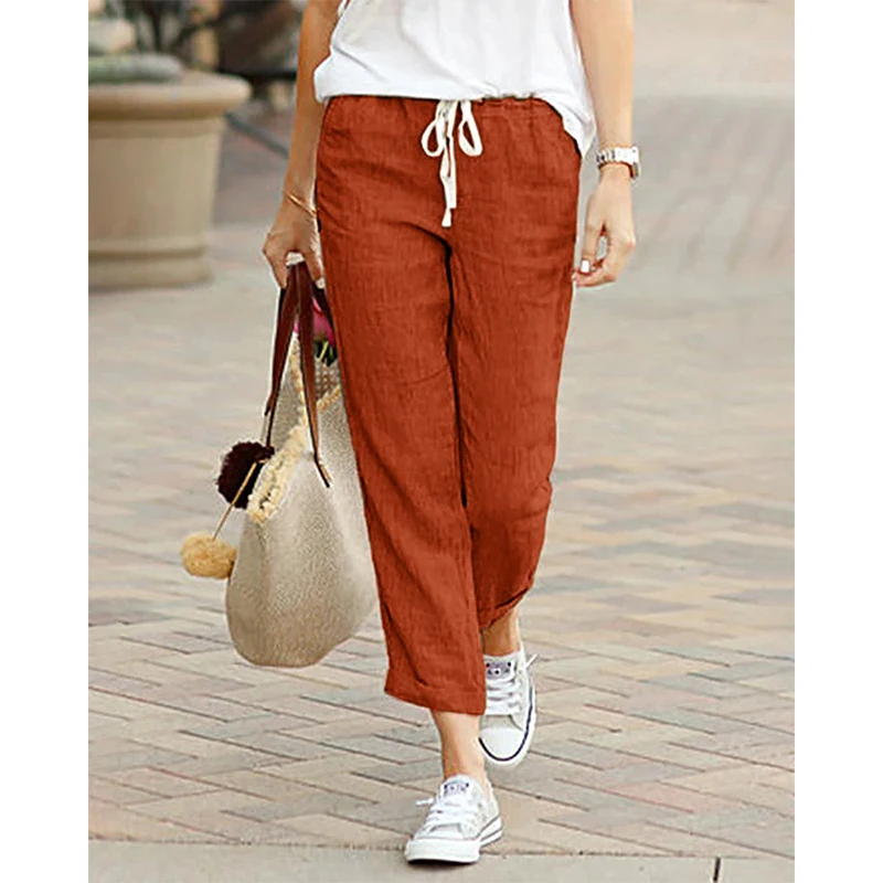 2026 Casual Pants Women Spring Summer Solid Color High Waist Drawstring Elastic Ankle-Length Pants Female Pockets Harem Trousers thumbnail 3