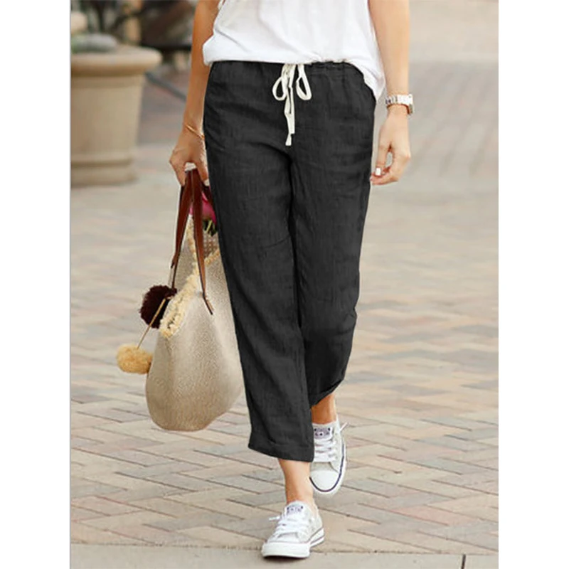 2026 Casual Pants Women Spring Summer Solid Color High Waist Drawstring Elastic Ankle-Length Pants Female Pockets Harem Trousers thumbnail 5
