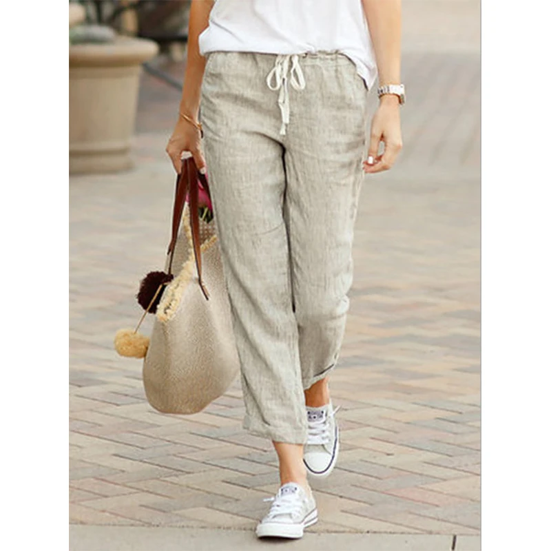 2026 Casual Pants Women Spring Summer Solid Color High Waist Drawstring Elastic Ankle-Length Pants Female Pockets Harem Trousers thumbnail 6