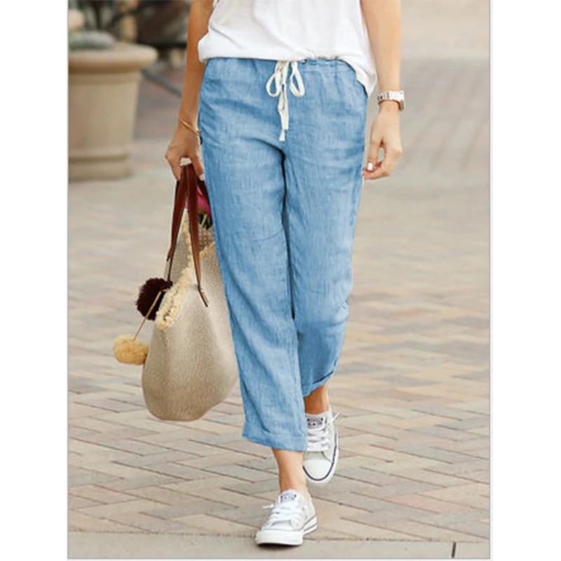 2026 Casual Pants Women Spring Summer Solid Color High Waist Drawstring Elastic Ankle-Length Pants Female Pockets Harem Trousers thumbnail 2