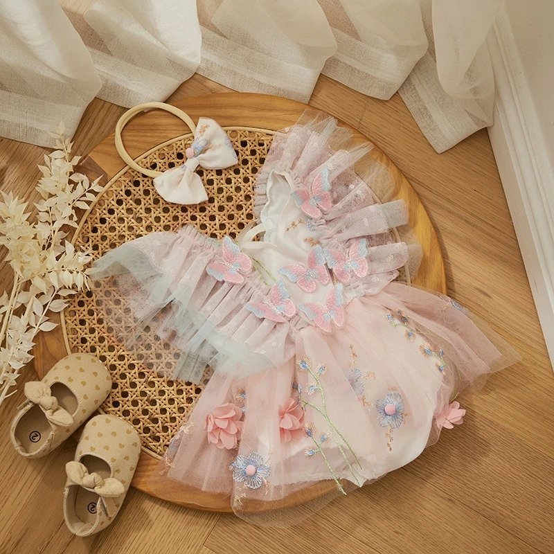 Princess Mesh Sheer Baby Girls Romper Summer Kids Party Clothes For Girls Butterfly Flower Embroidery Fly Sleeve Dress Headband