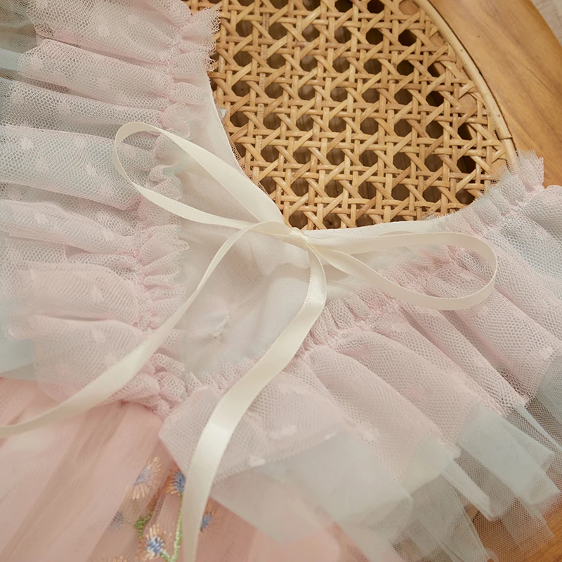 Princess Mesh Sheer Baby Girls Romper Summer Kids Party Clothes For Girls Butterfly Flower Embroidery Fly Sleeve Dress Headband thumbnail 4