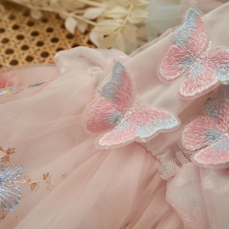 Princess Mesh Sheer Baby Girls Romper Summer Kids Party Clothes For Girls Butterfly Flower Embroidery Fly Sleeve Dress Headband thumbnail 5